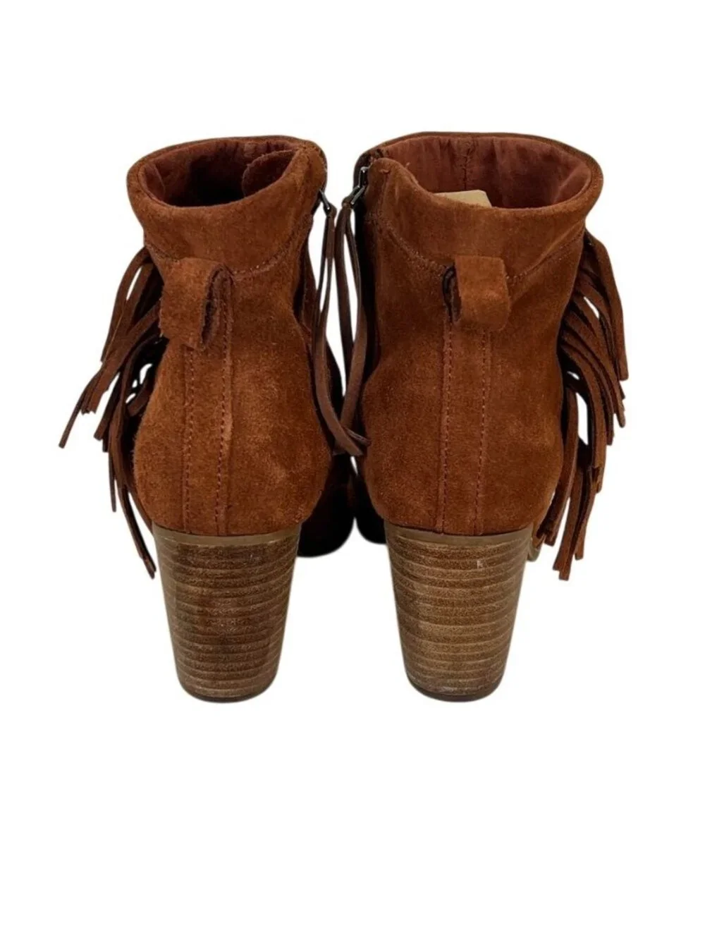 TOMS Women’s Brown Suede Fringe Ankle Boots Block Heel Western Boho Sz 8.5